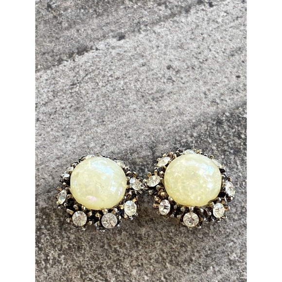 Vintage Clip Ons Clips Earrings Confetti Lucite Plastic Crystal Rhinestones - Picture 8 of 12